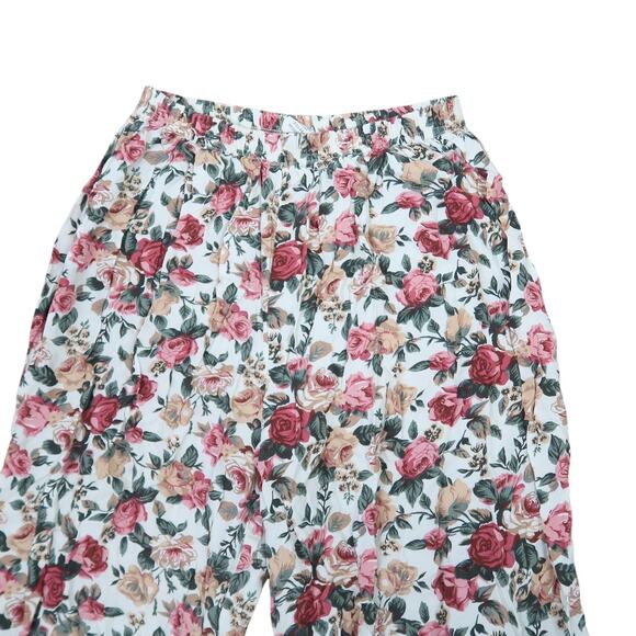 Vintage 90s Cream and Pink Rose Floral Flowy Wide Leg Pants M - Picture 2 of 4